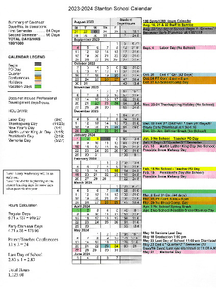 Stanton Community Schools - 2023-2024 Master Calendar Stanton Community Schools - 2023-2024 Master Calendar