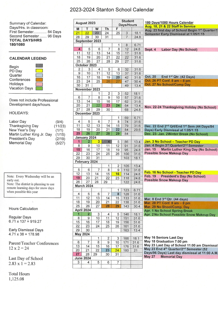 Stanton Community Schools - 2023-2024 Master Calendar Stanton Community Schools - 2023-2024 Master Calendar